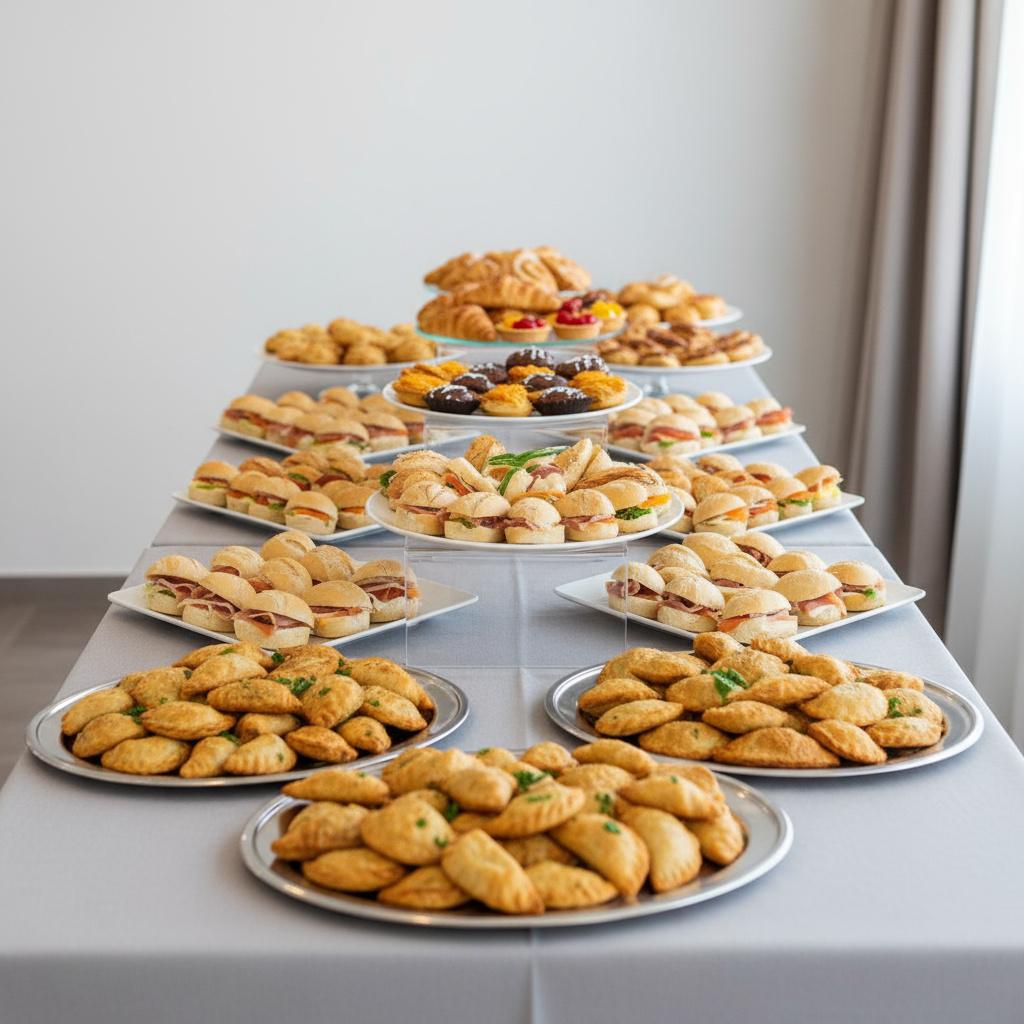 Corporate catering selection with empanadas, mini bocadillos, and pastries