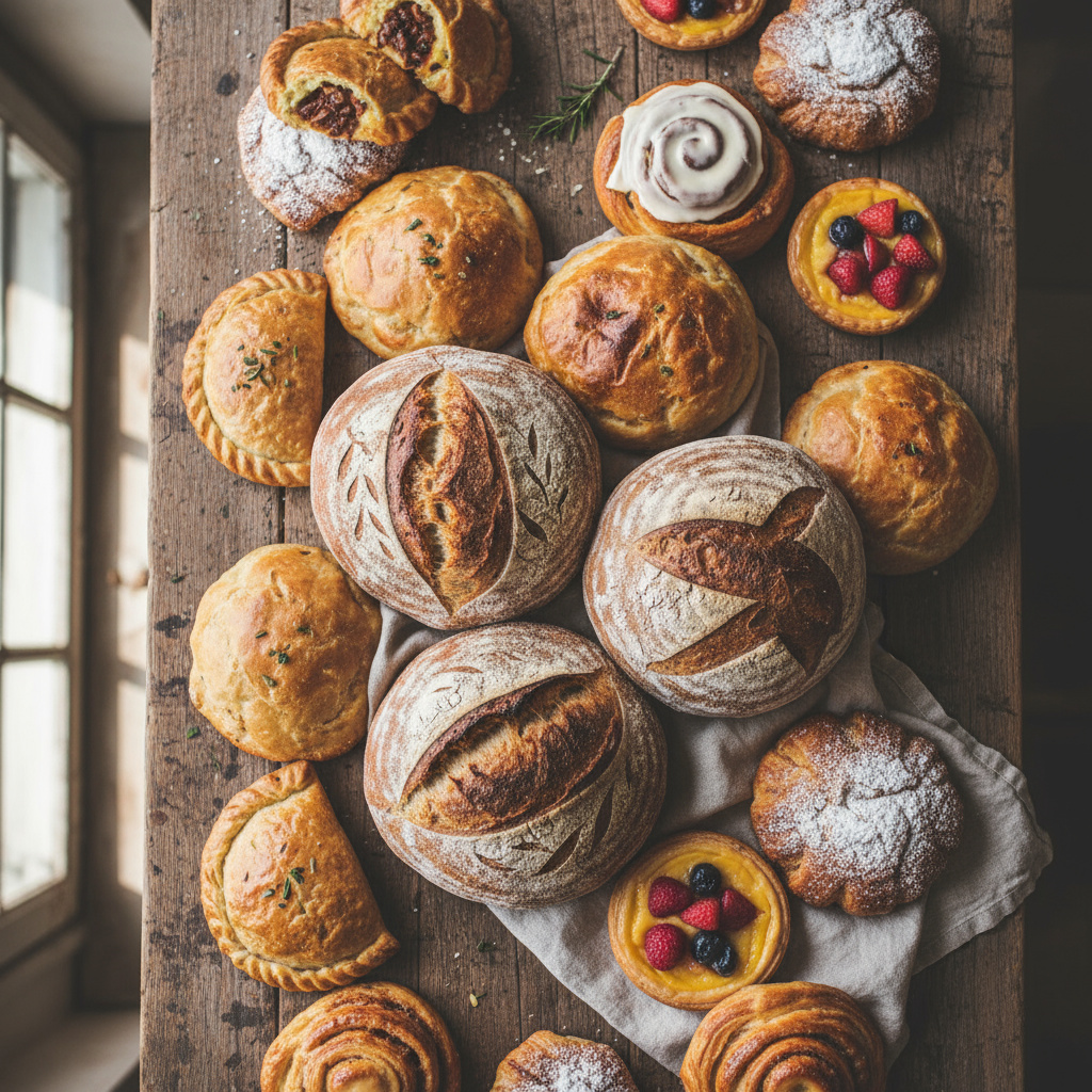Selection of artisan breads, empanadas, and pastries from Pika Spanish Bakery